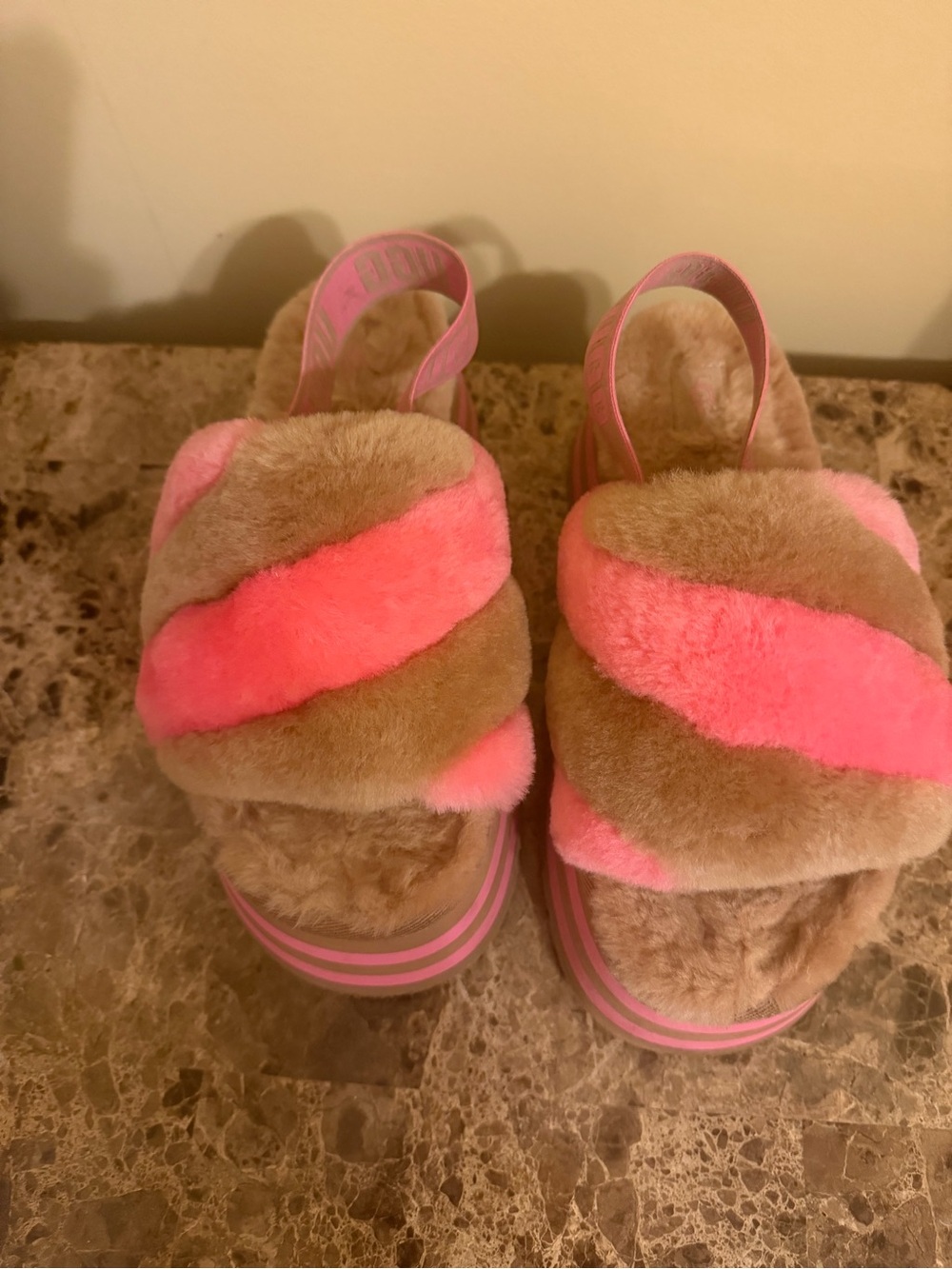 UGG Women’s Plush Platform Sandals in Brown & Bright Pink Ugg strap!